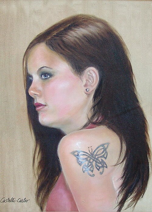 Tattoo Greeting Card featuring the painting Girl with the Butterfly Tattoo by JoAnne Castelli-Castor