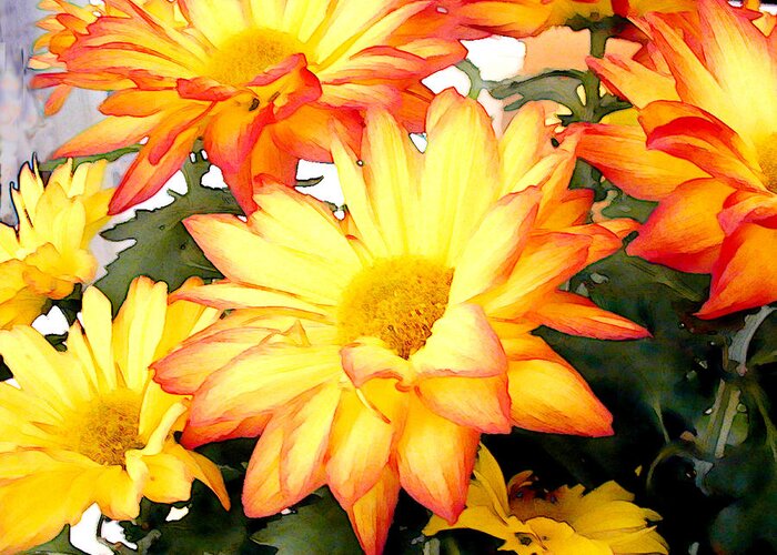 Flower Flowers Mums Chrysanthemum Garden Flora Floral Mum Chrysanthemums Fall Autumn Gold Greeting Card featuring the painting Gold and Red Autumn Mums by Elaine Plesser