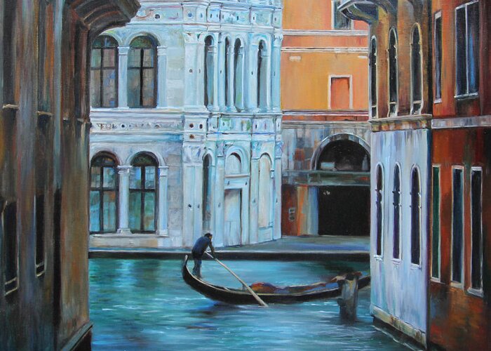 Venice Greeting Card featuring the painting Gondolier in Venice by Emily Olson
