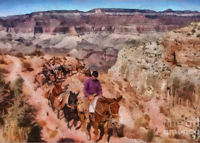 Grand Canyon Paintings Greeting Card featuring the digital art Grand Canyon Mule Packtrain by Mary Warner