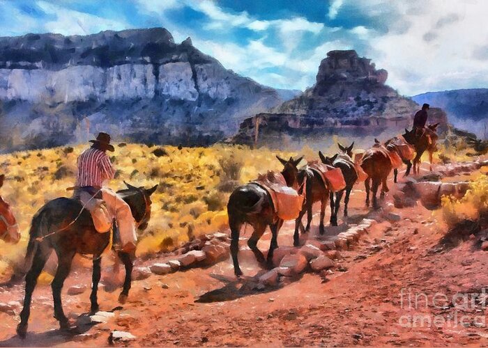 Mules Paintings Greeting Card featuring the digital art Grand Canyon Mules Heading Up the South Kaibab Trail by Mary Warner