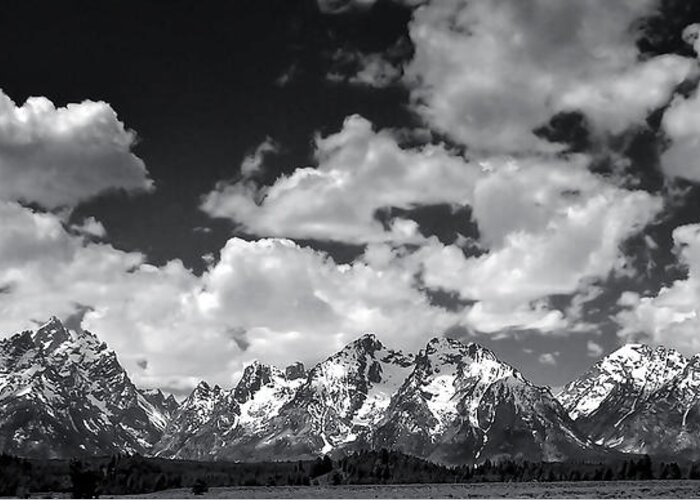 Grand Tetons Greeting Card featuring the photograph Grand Tetons Panorama in Monochrome by Ellen Heaverlo