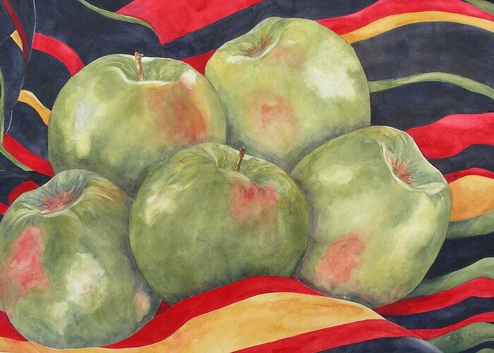 Granny Smith Apples Greeting Card featuring the painting Grannies by Paula Robertson