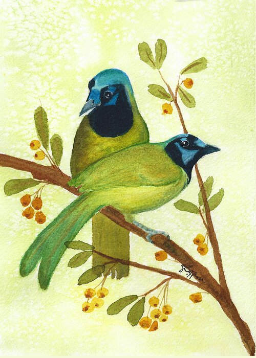 Green Jays Greeting Card featuring the painting Green Jay Duo by Elise Boam