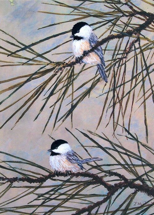 Chickadee Pair Greeting Card featuring the painting Grey Pine Chickadees by Kathleen McDermott