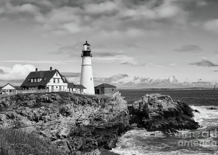 Lighthouse Greeting Card featuring the photograph Guarding Ship Safety bw by Sue Karski