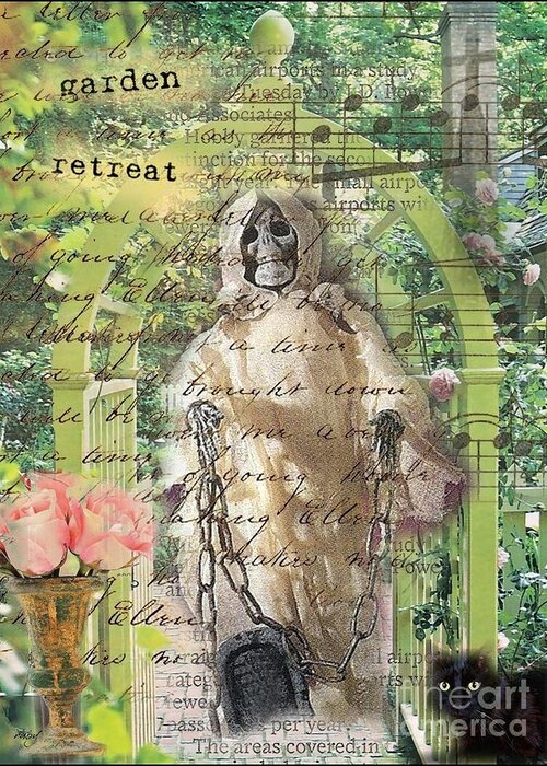 Skeleton;garden;flowers;chains;haunted;creepy;art;digital Collage Greeting Card featuring the digital art Haunted Garden Retreat by Ruby Cross