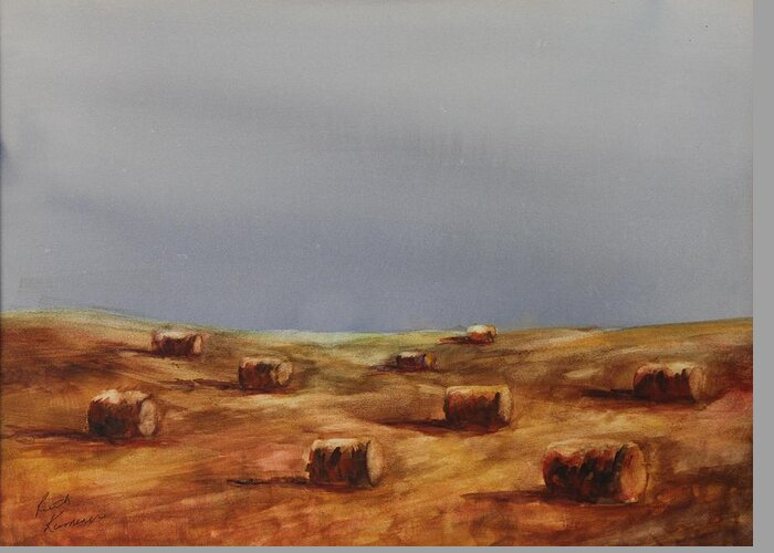 Bales Greeting Card featuring the painting Hayfield by Ruth Kamenev