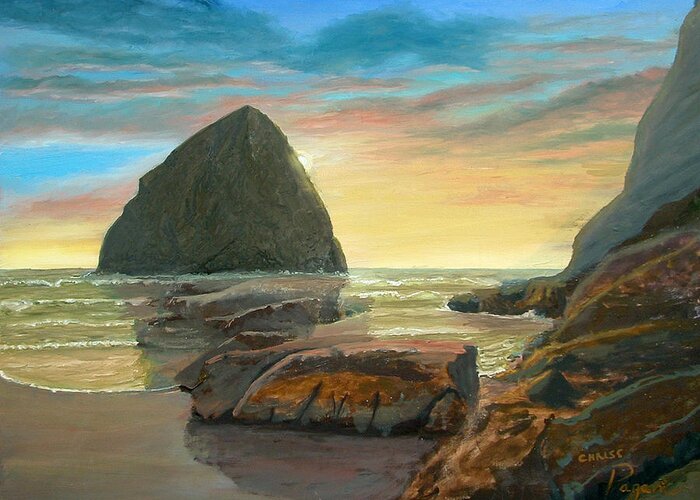 Oil Greeting Card featuring the painting Haystack Kiwanda Sunset by Chriss Pagani