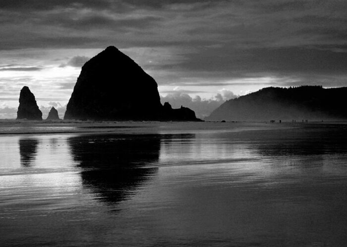 Beach Greeting Card featuring the photograph Haystack Rock bw by Kami McKeon