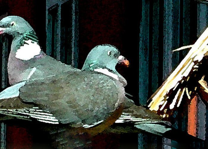 Colette Greeting Card featuring the mixed media Holy Pigeon Couple Mates for ever enjoy the Garden peace by Colette V Hera Guggenheim