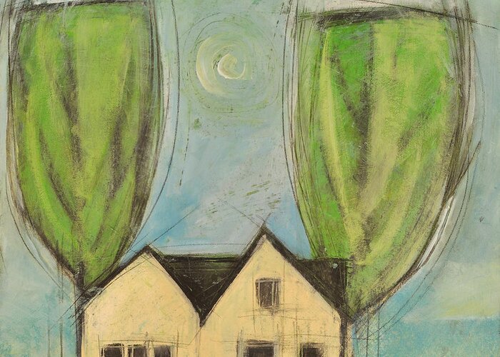 House Greeting Card featuring the painting House With Two Trees by Tim Nyberg