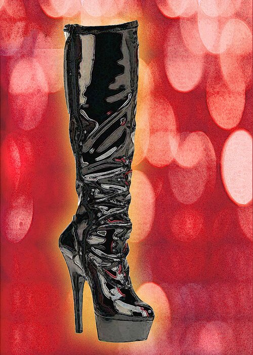 Shoes Heels Pumps Fashion Designer Feet Foot Shoe Stilettos Painting Paintings Illustration Illustrations Sketch Sketches Drawing Drawings Pump Stiletto Fetish Designer Fashion Boot Boots Footwear Sandal Sandals High+heels High+heel Women\'s+shoes Graphic Sophisticated Elegant Modern Greeting Card featuring the painting I Love the Night Life Patent Boots by Elaine Plesser