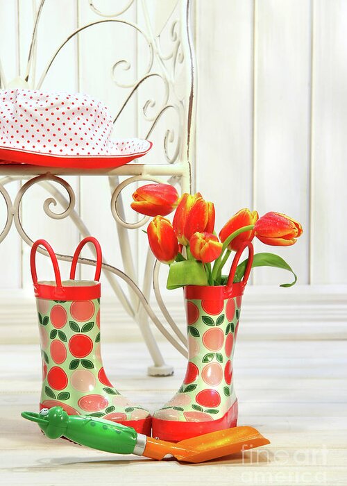 Beautiful Greeting Card featuring the photograph Iron chair with little rain boots and tulips by Sandra Cunningham