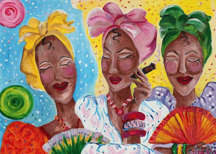 Portraits Greeting Card featuring the painting It is just us 4 girls having a conversation by Sladjana Lazarevic