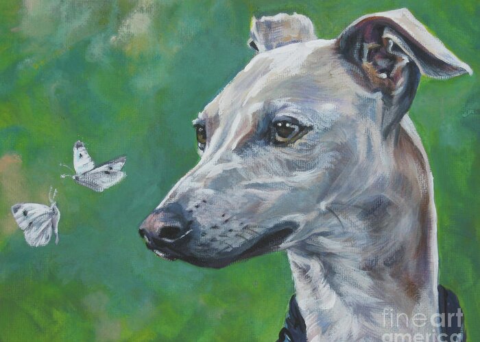 Italian Greyhound Greeting Card featuring the painting Italian Greyhound with cabbage white butterflies by Lee Ann Shepard
