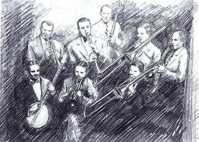 Nostalgia Greeting Card featuring the drawing Jean Goldkette Orchestra 1926 by Mel Thompson