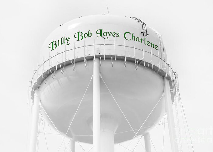 Water Tower. Billie Bob Loves Charlene Greeting Card featuring the photograph John Deere Green by Andee Design