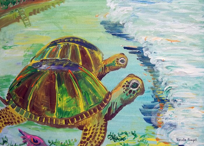 Sea Turtles On The Beach Greeting Card featuring the painting Journey by Renate Pampel