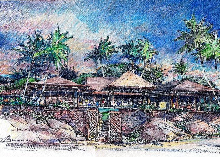 Hawaiian Landscape House Architecture Greeting Card featuring the drawing Kona Residence by Andrew Drozdowicz