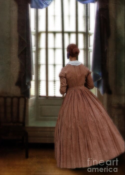 Window Greeting Card featuring the photograph Lady in 19th Century Clothing Looking out Window by Jill Battaglia
