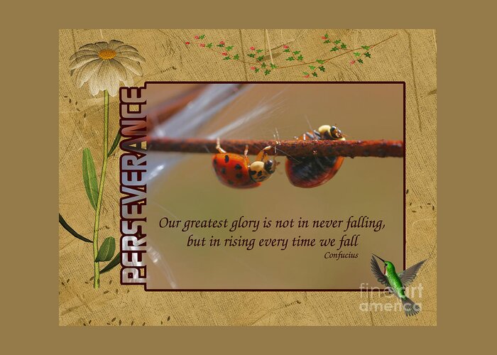 Quote Greeting Card featuring the digital art Ladybugs Perseverance Inspirational Quote by Smilin Eyes Treasures
