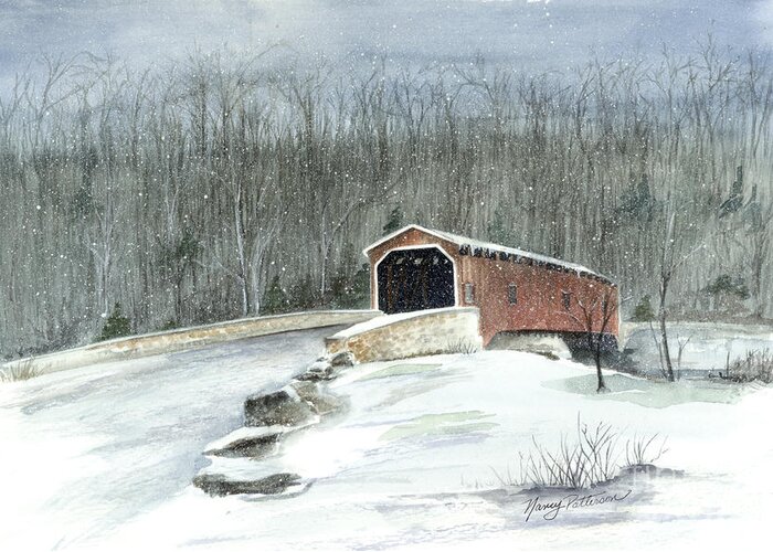 Covered Bridge Greeting Card featuring the painting Lancaster County Covered Bridge in the Snow by Nancy Patterson