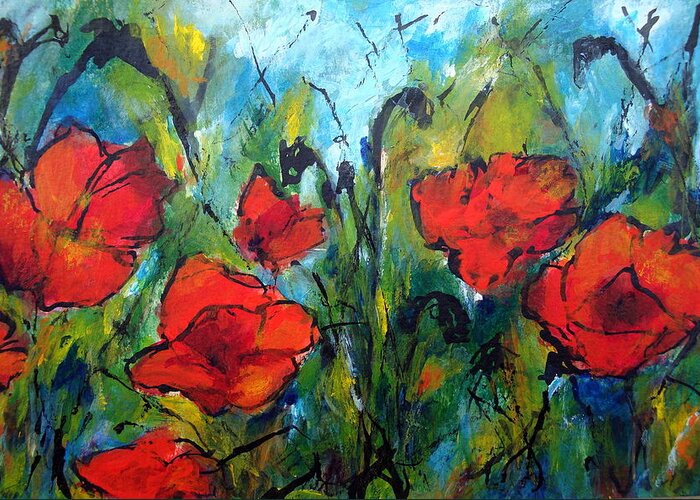 One Of A Series Of Paintings Of Poppies From My Time Living In The Languedoc Greeting Card featuring the painting Languedoc Poppies No 2 by Jackie Sherwood