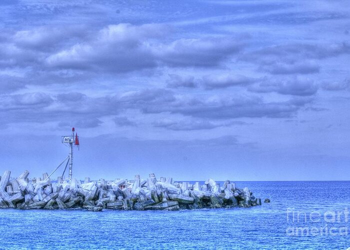 Light Tower Ocean Bay Harbor Sea Cloud Clouds Cloudy Scenic Oceanvies Rocks Landscape Beach Greeting Card featuring the photograph Light Tower Helping Captains at Night by Al Nolan