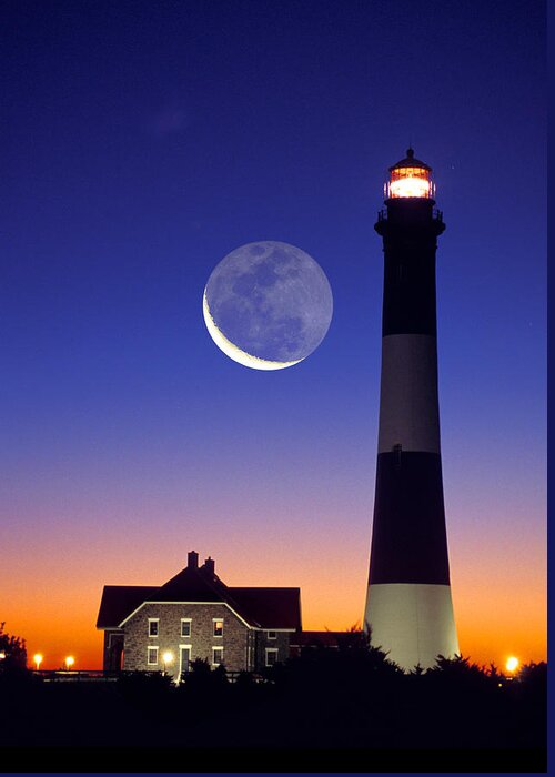 Lighthouse Greeting Card featuring the photograph Lighthouse Crescent Moon by Larry Landolfi