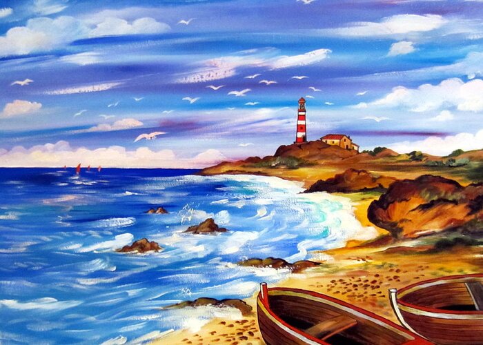 Landscape Greeting Card featuring the painting Lighthouse Island by Roberto Gagliardi