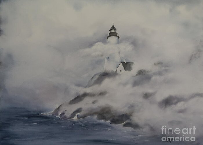 Watercolor Greeting Card featuring the painting Lighthouse on Foggy Coast by Toni Roark