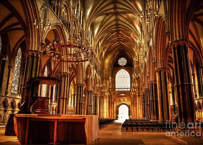 Yhun Suarez Greeting Card featuring the photograph Lincoln Cathedral Altar And Nave by Yhun Suarez