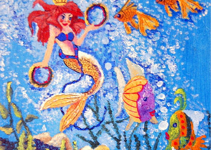 Gold Fish Greeting Card featuring the painting Little Mermaid in the Sea by Janna Columbus