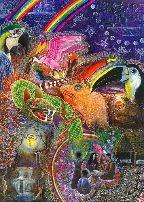 Toucan Greeting Card featuring the painting Llullu Machaco by Pablo Amaringo