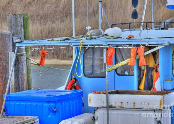Hdr Greeting Card featuring the photograph Lobster Boat Gloves Hanging HDR Photos Pictures Photo Picture Boats Ocean Harbor Beach Beach Fishing by Al Nolan