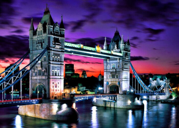 London Greeting Card featuring the painting London Evening at Tower Bridge by Dean Wittle