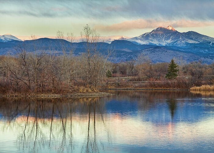 'twin Peaks' Colorado Greeting Card featuring the photograph Longs Peak from Golden Ponds by James BO Insogna
