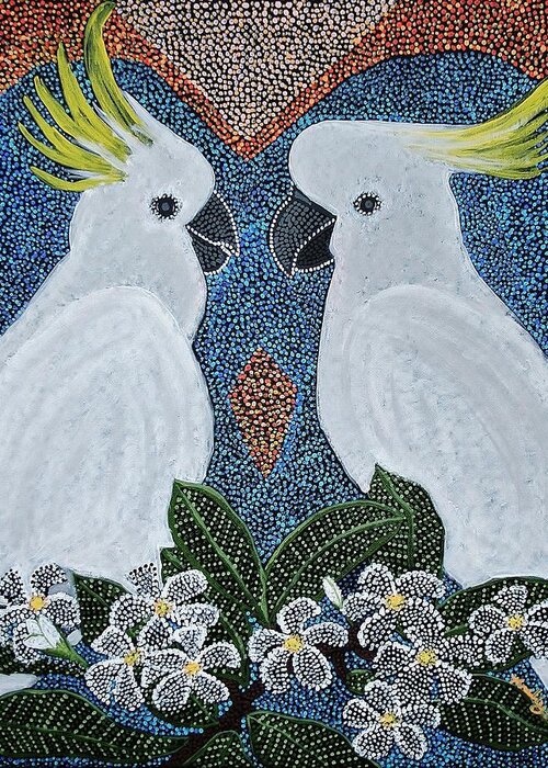 Sulpher Crested Cockatoo Greeting Card featuring the painting Love of the Cockatoos by Kelly Nicodemus-Miller