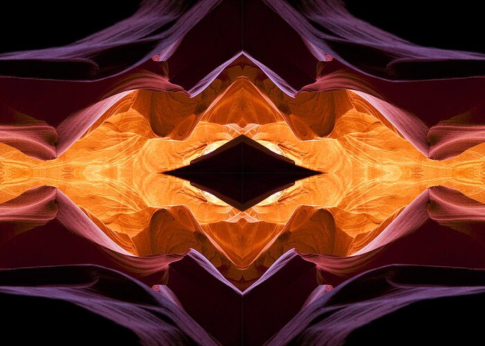 Lower Antelope Canyon Eye Symmetry Symmetric Axis Purple Orange Yellow Sandstone Texture Striations Lines Mirror Greeting Card featuring the photograph Lower Antelope Canyon Eye by Gregory Scott