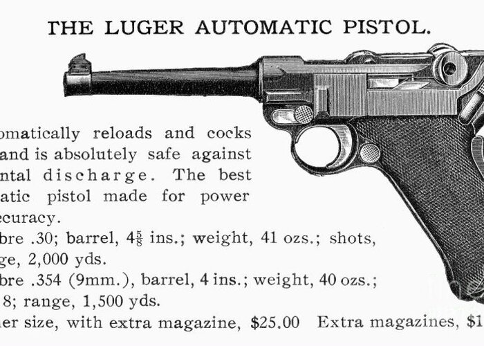 20th Century Greeting Card featuring the drawing Luger Automatic Pistol by Granger