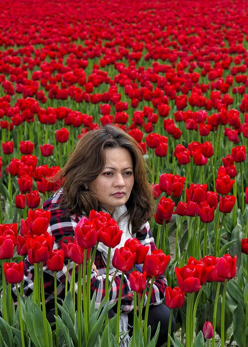 Portrait Photography Greeting Card featuring the photograph Lydia Surrounded By Red Tulips by Paul W Sharpe Aka Wizard of Wonders