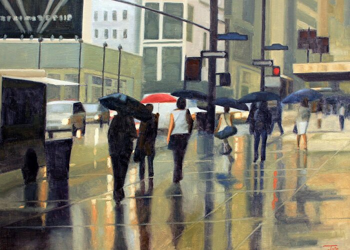 People Greeting Card featuring the painting Manhattan rain by Tate Hamilton