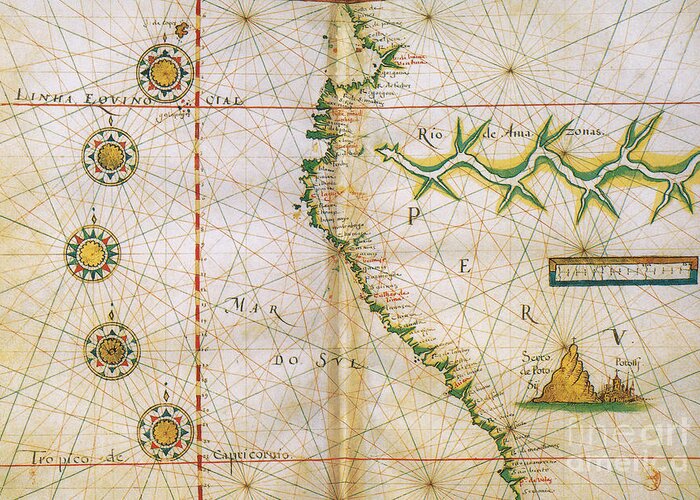 Map Greeting Card featuring the photograph Map Of Peru Coast, 1630 by Photo Researchers