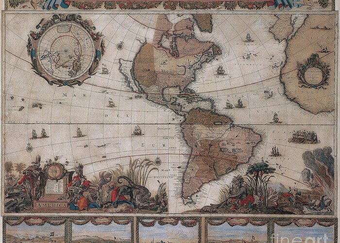 History Greeting Card featuring the photograph Map Of The Americas Circa 1680 by Photo Researchers