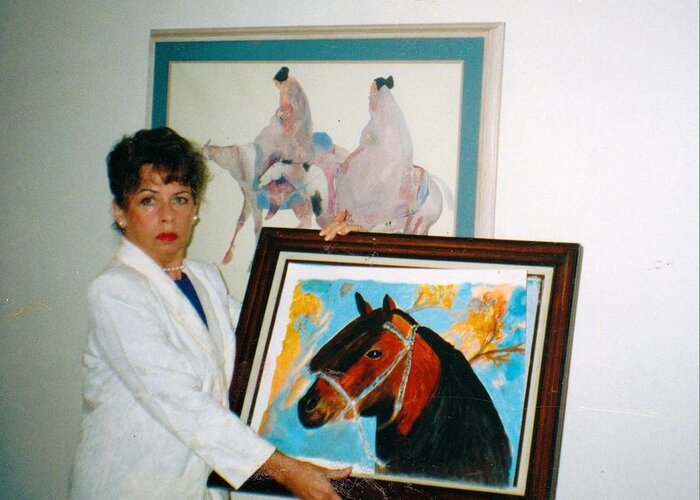 Me Greeting Card featuring the painting Me with Horse Watercolor painting by Anne-Elizabeth Whiteway