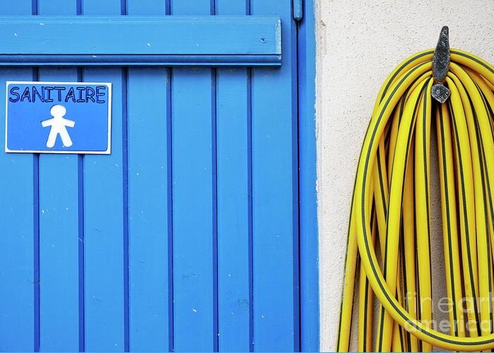 Routine Greeting Card featuring the photograph Men's closed bathroom door and hose by Sami Sarkis