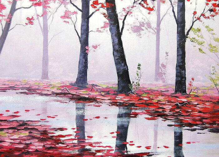Pink Trees Greeting Card featuring the painting Misty Stream by Graham Gercken
