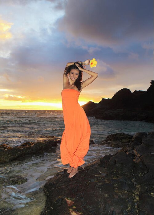 Beach Greeting Card featuring the photograph Model in Orange Dress by Tomas Del Amo - Printscapes