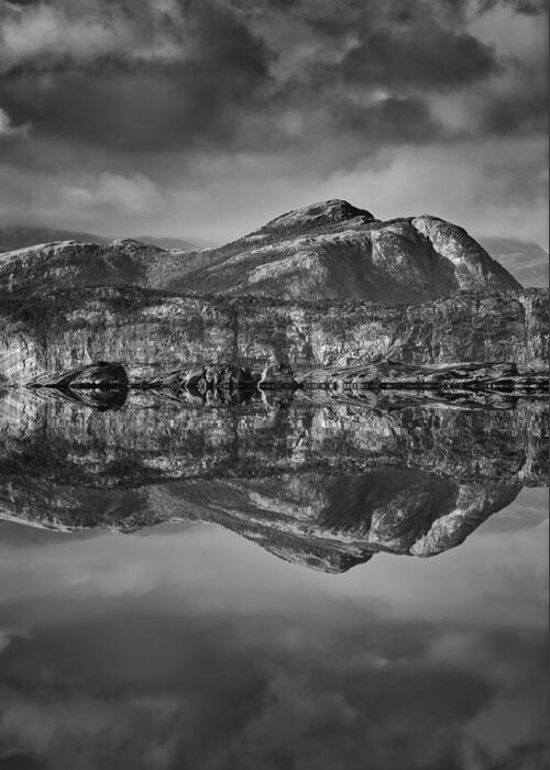Landscape Greeting Card featuring the photograph Monochrome Mountain Reflection by Andy Astbury